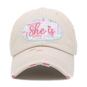 Womens She Is..Confident Powerful Vintage Baseball Cap Hat in Distressed Beige